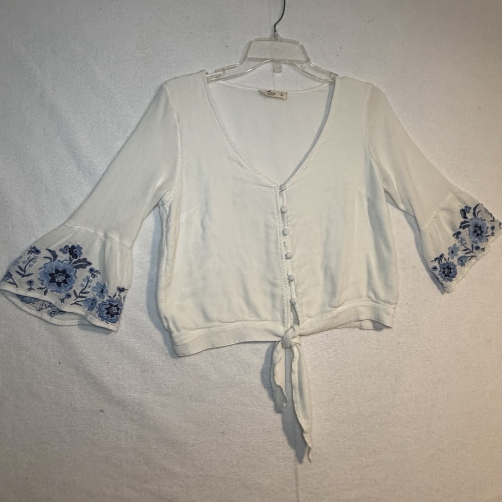 Hollister Tie Front Peasant Top LG White Floral Embroidered Boho Long‎ Sleeve
